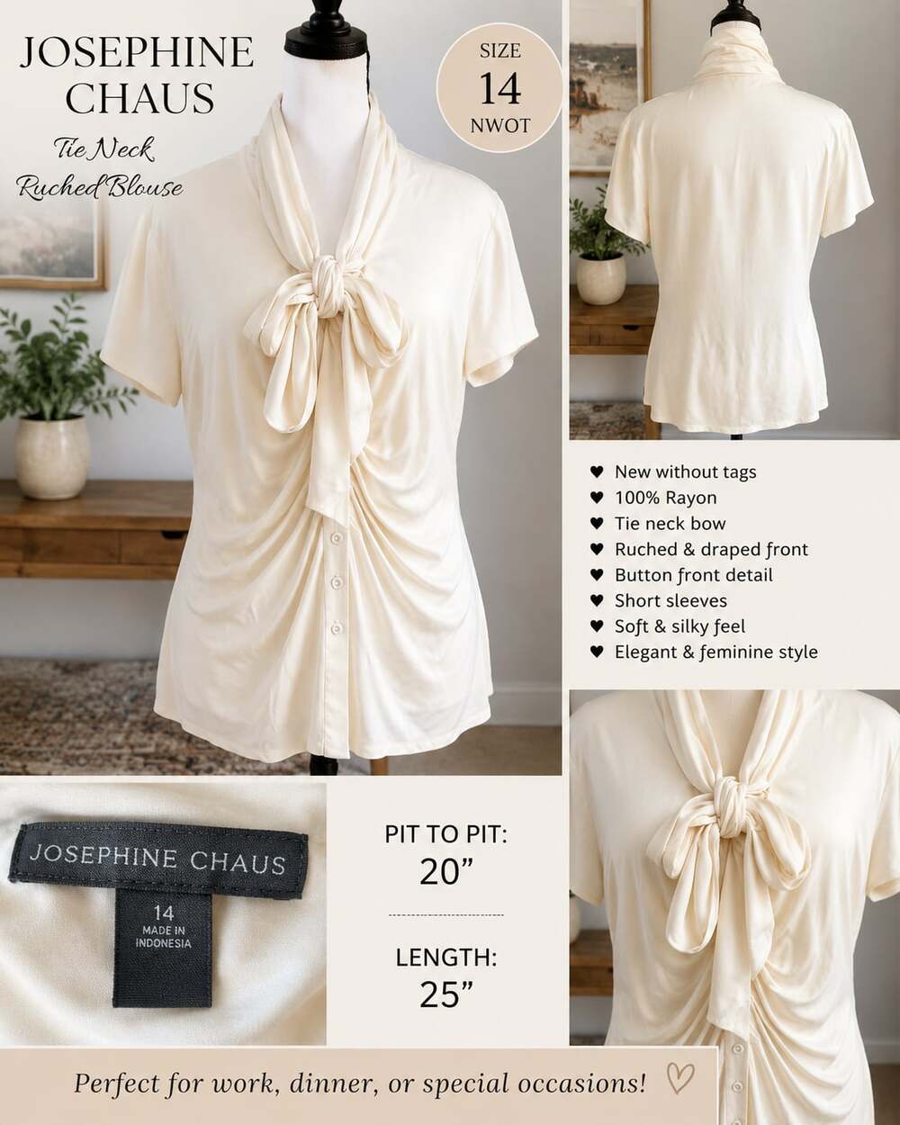 Josephine Chaus Tie Neck Ruched Blouse Cream Size 14